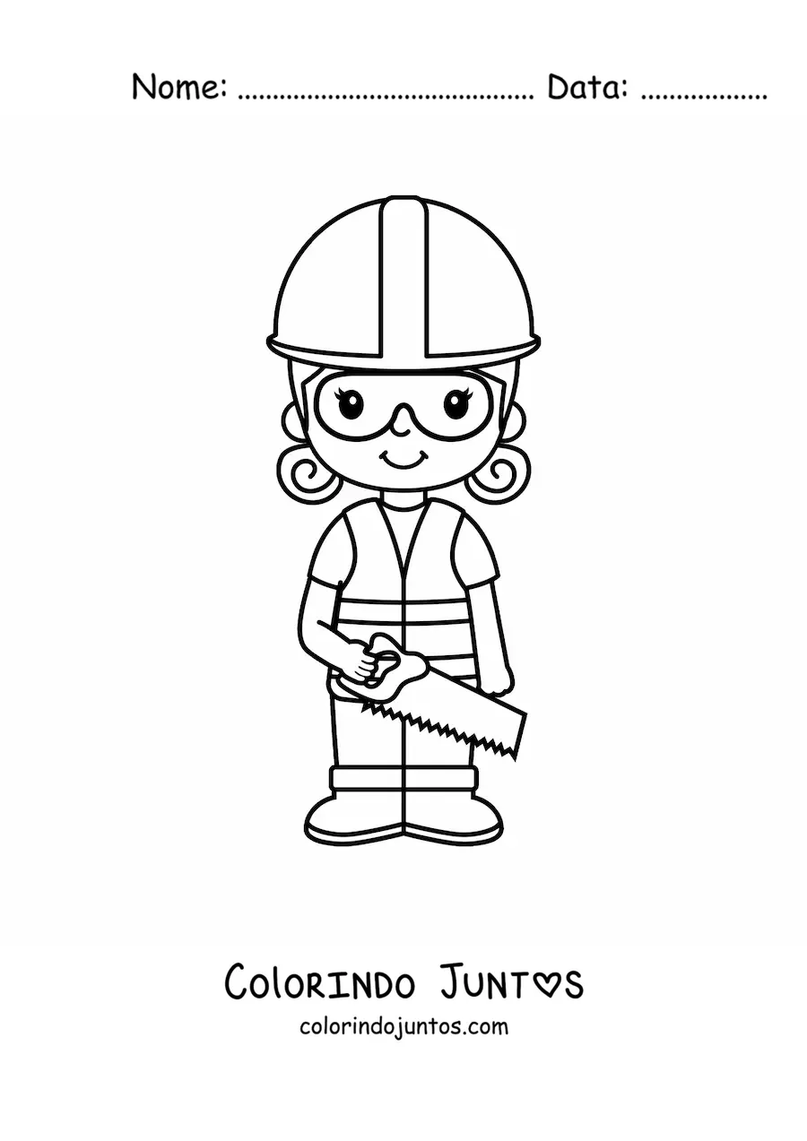 Desenho para colorir de menina pedreira kawaii com capacete e um serrote
