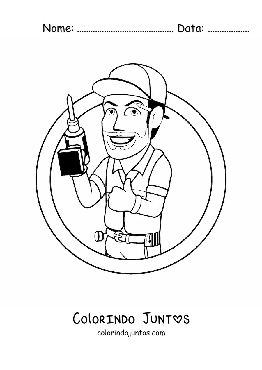 Desenho para colorir de caricatura de um homem com a profissao de pedreiro