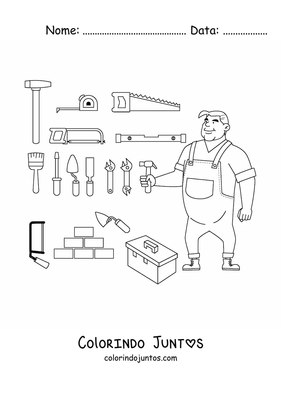 Desenho para colorir de pedreiro com suas ferramentas de construcao