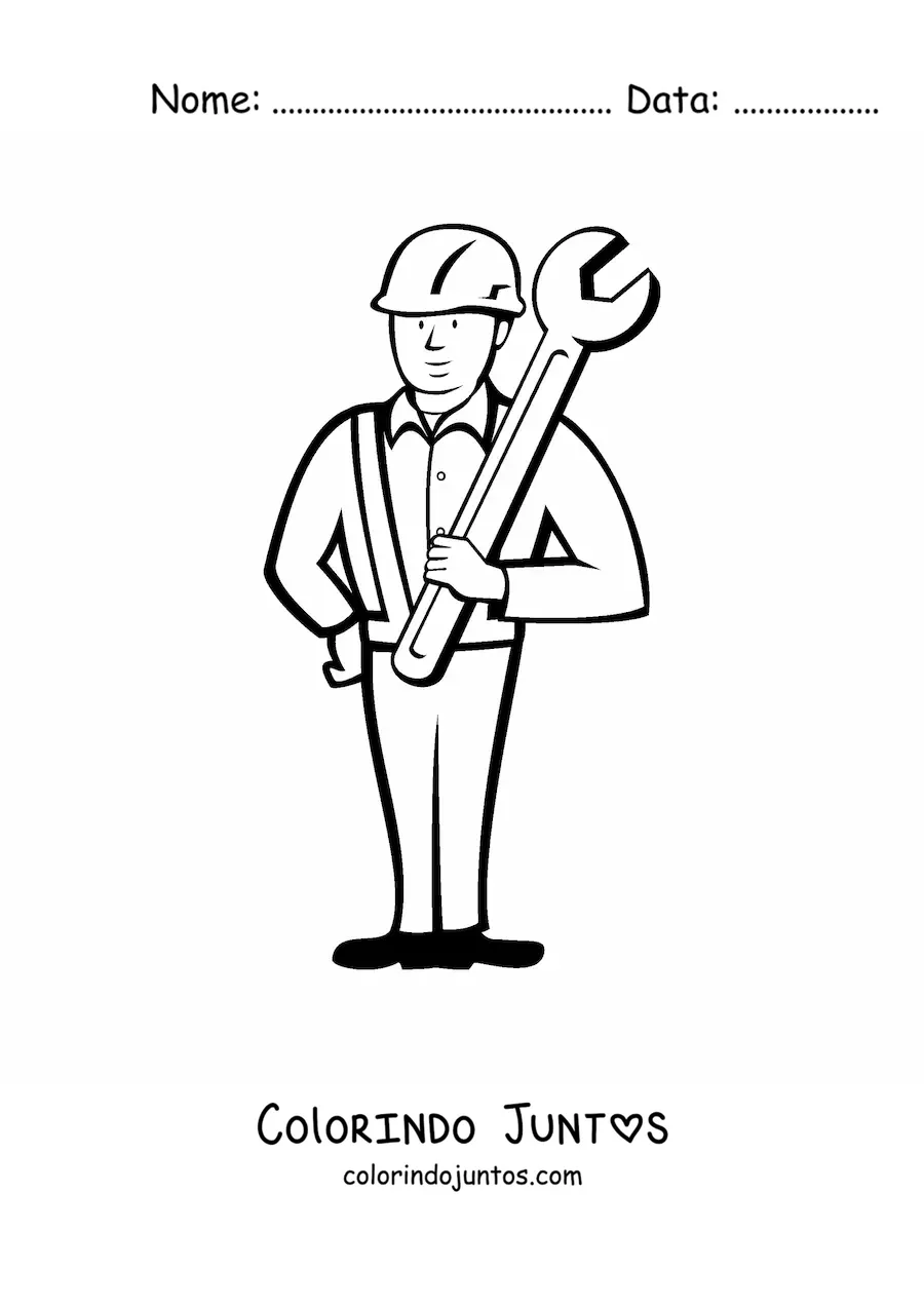 Desenho para colorir de trabalhador da construcao com uma chave inglesa