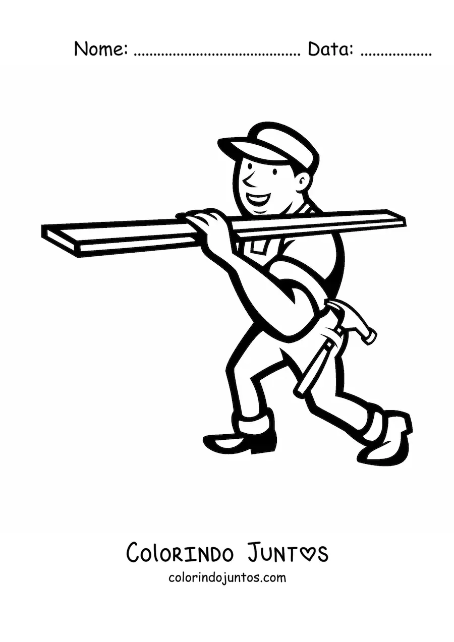 Desenho para colorir de trabalhador da construcao com uma tabua e um martelo