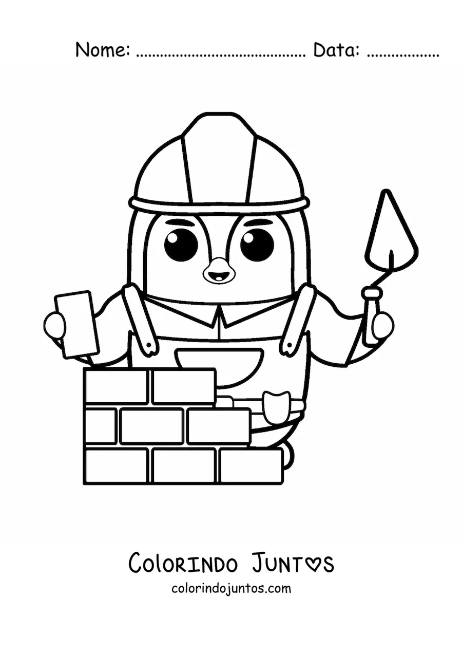 Desenho para colorir de pinguim pedreiro construindo uma parede com tijolos e cimento
