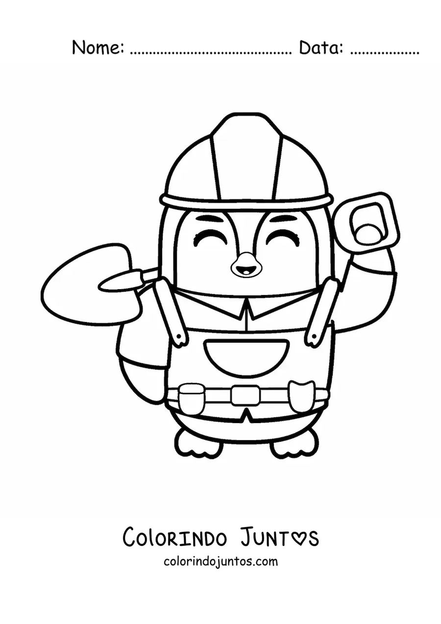 Desenho para colorir de pinguim pedreiro animado kawaii com uma pa