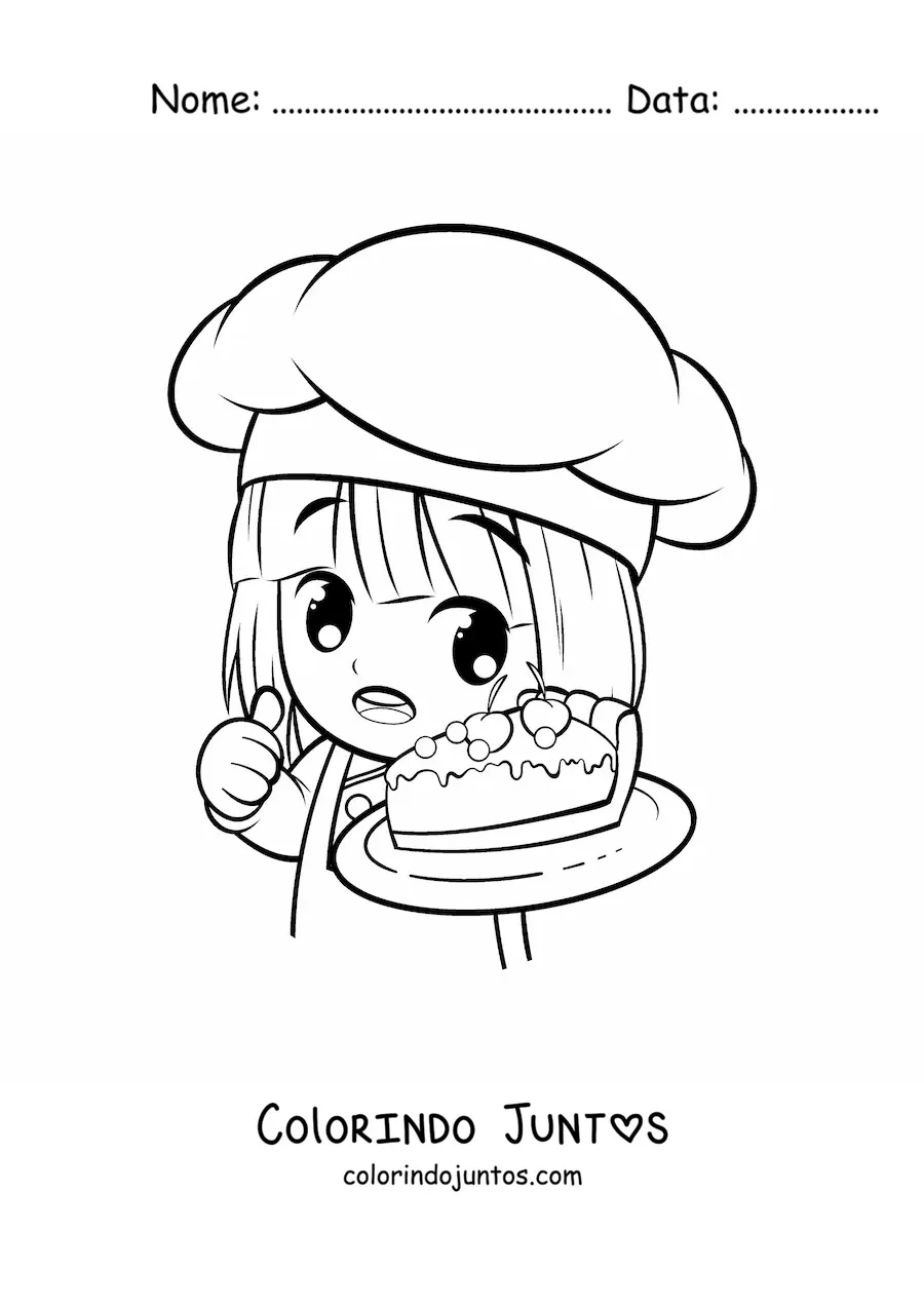Desenho para colorir de chef confeiteira kawaii animada com um pedaco de bolo