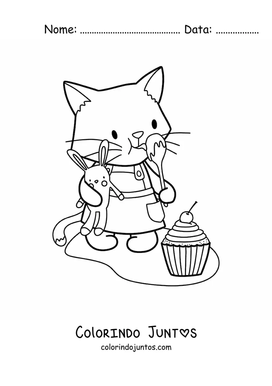 Desenho para colorir de gatinho confeiteiro animado kawaii com um cupcake