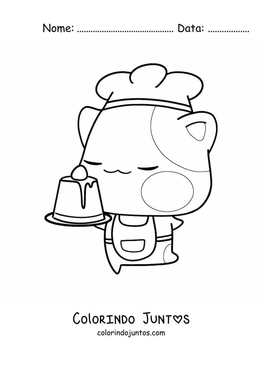 Desenho para colorir de gatinho confeiteiro animado kawaii com uma sobremesa
