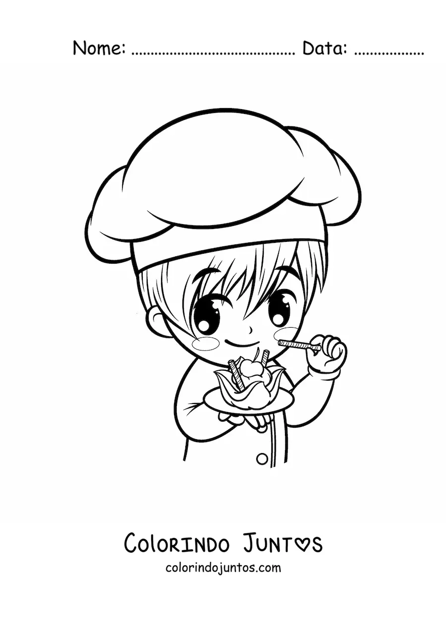 Desenho para colorir de chef confeiteiro kawaii animado com uma sobremesa