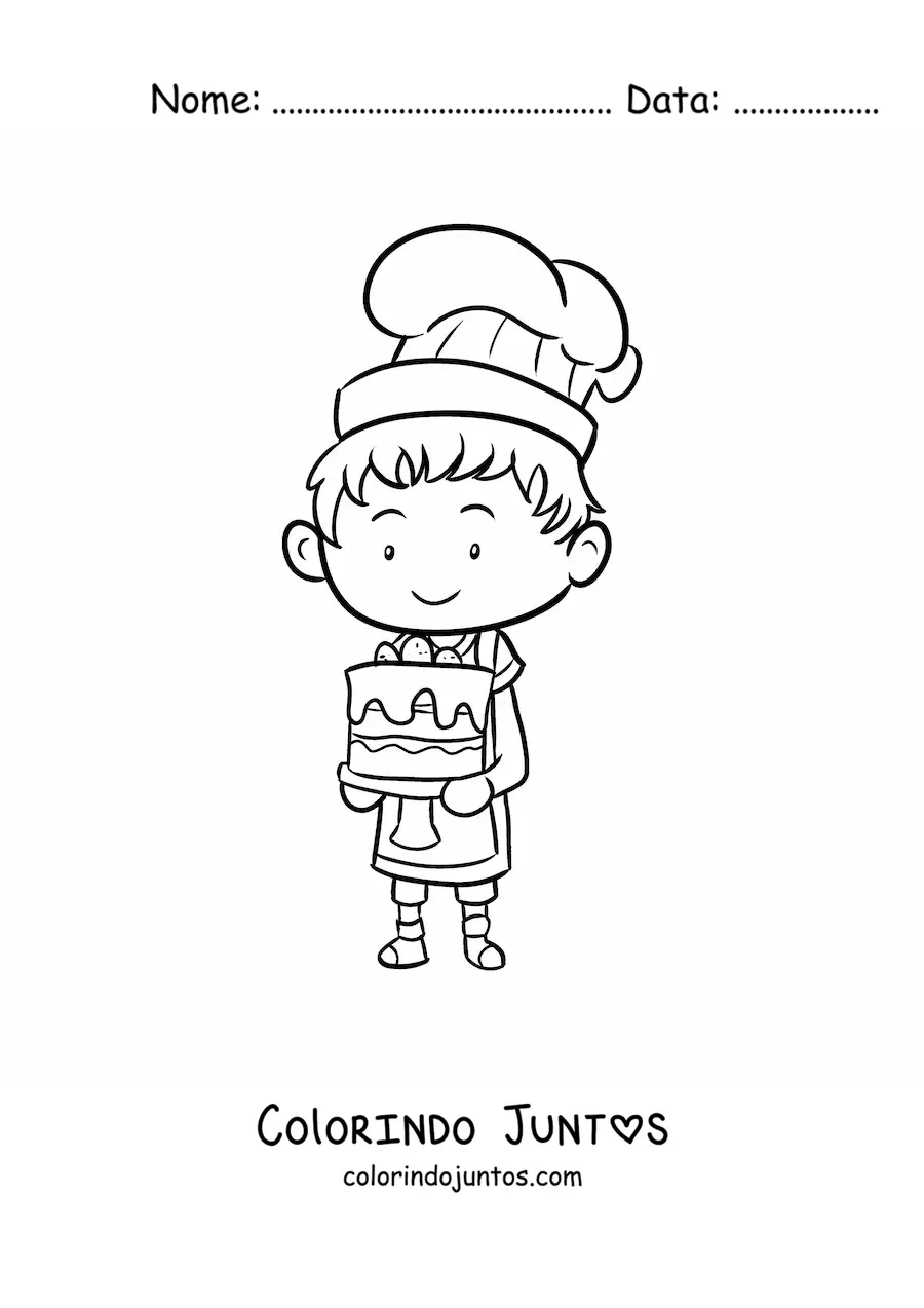 Desenho para colorir de menino confeiteiro kawaii animado com um bolo