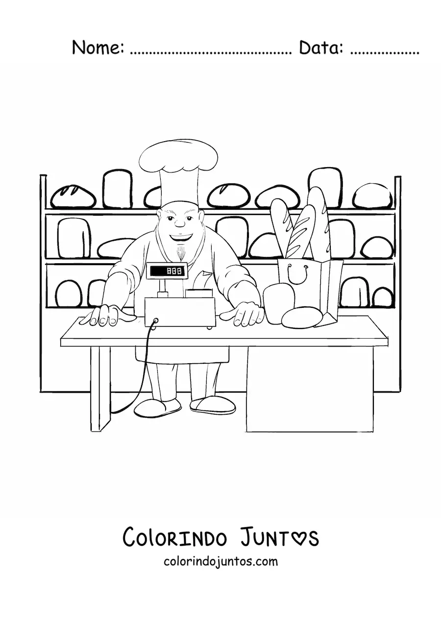 Desenho para colorir de chef confeiteiro e padeiro na padaria