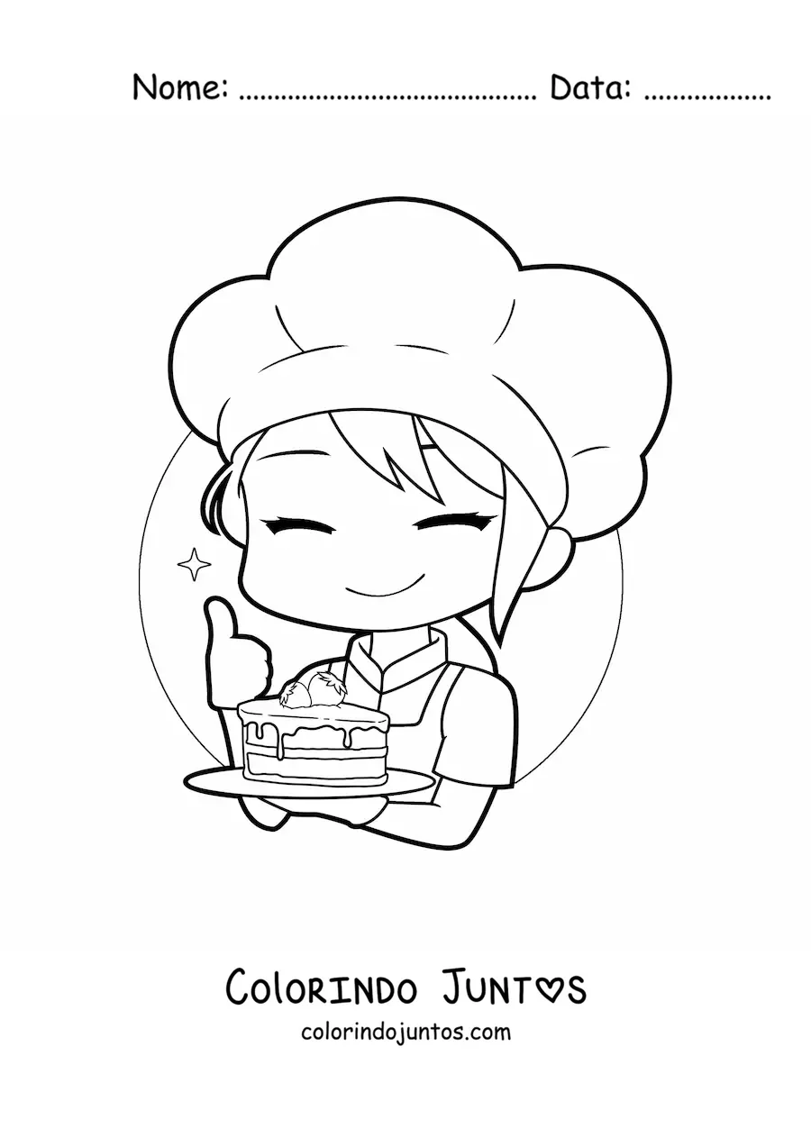 Desenho para colorir de menina confeiteira kawaii com um pedaco de bolo