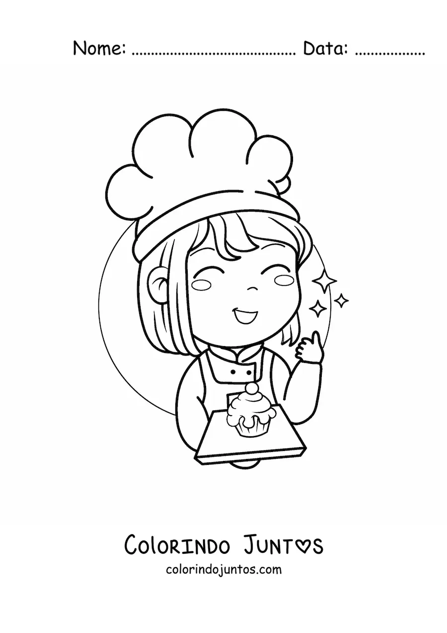 Desenho para colorir de menina confeiteira kawaii com um cupcake