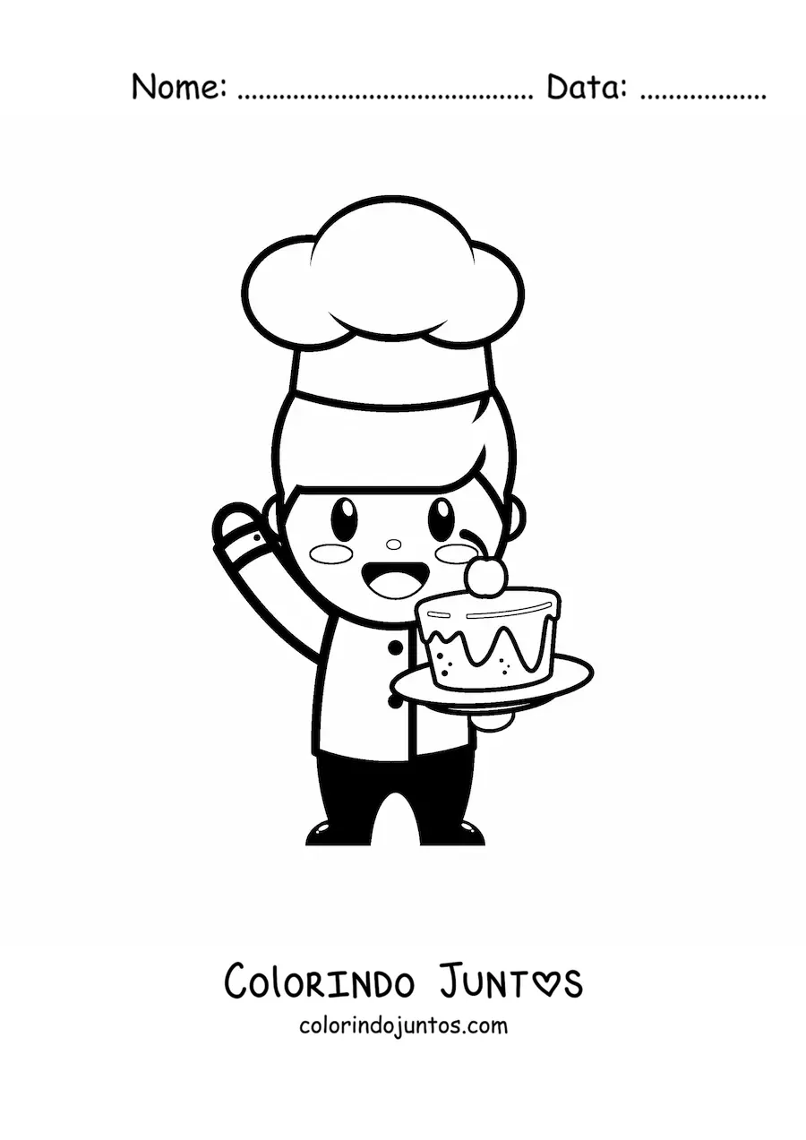 Desenho para colorir de chef confeiteiro kawaii facil com um bolo