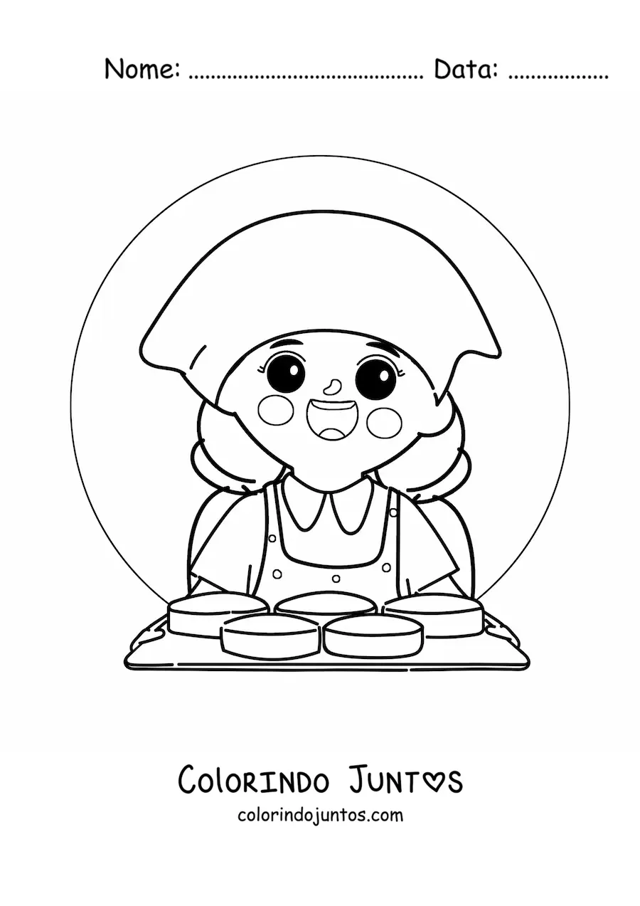 Desenho para colorir de menina com profissao de confeiteira com uma bandeja de bolos