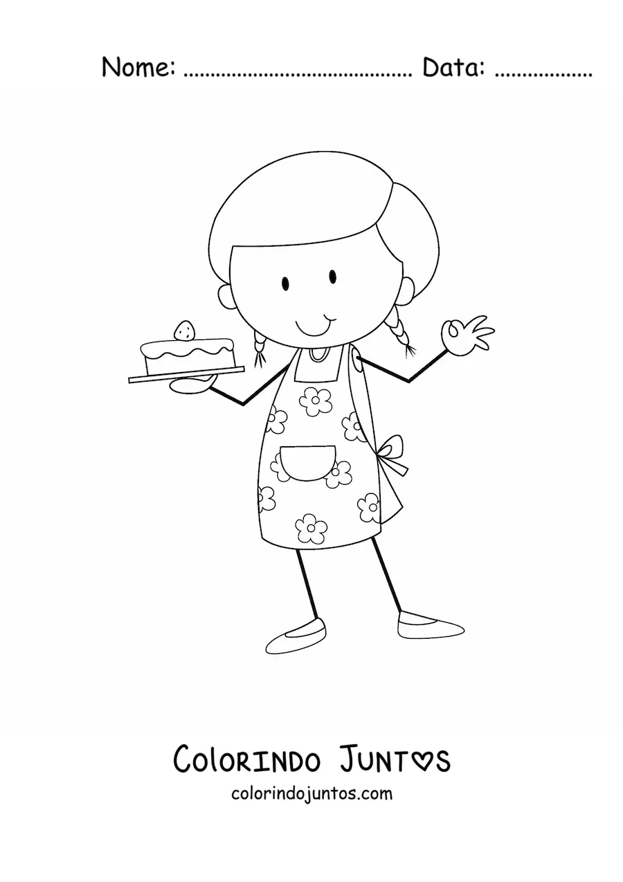 Desenho para colorir de menina com profissao de confeiteira com um bolo