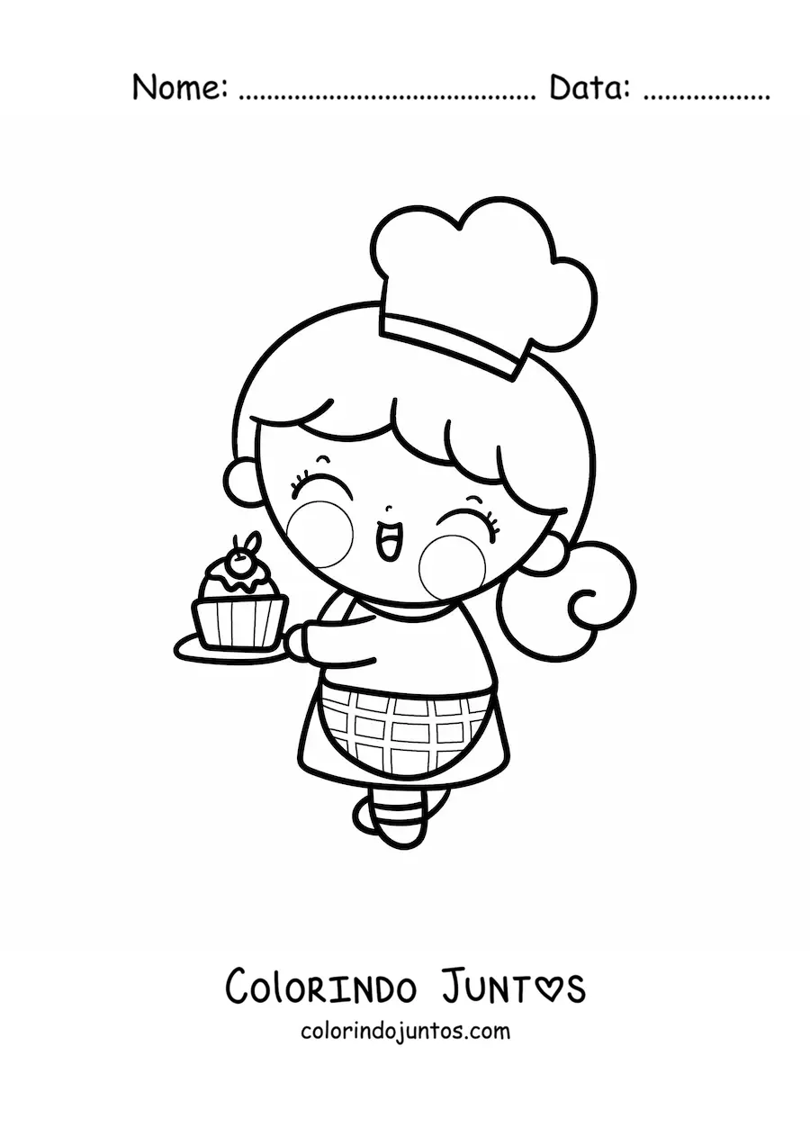 Desenho para colorir de menina confeiteira kawaii com um cupcake