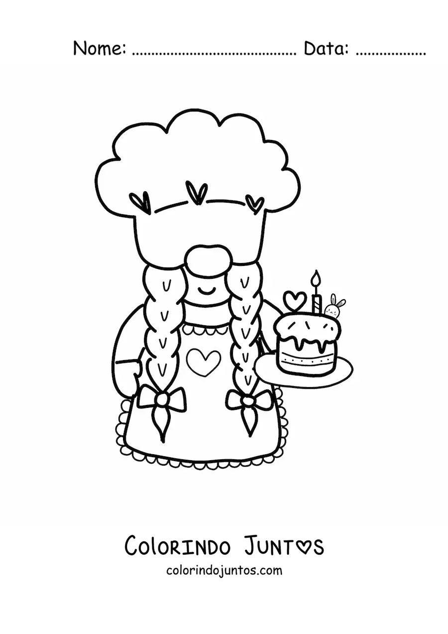 Desenho para colorir de gnomo confeiteiro kawaii com um bolo de aniversario
