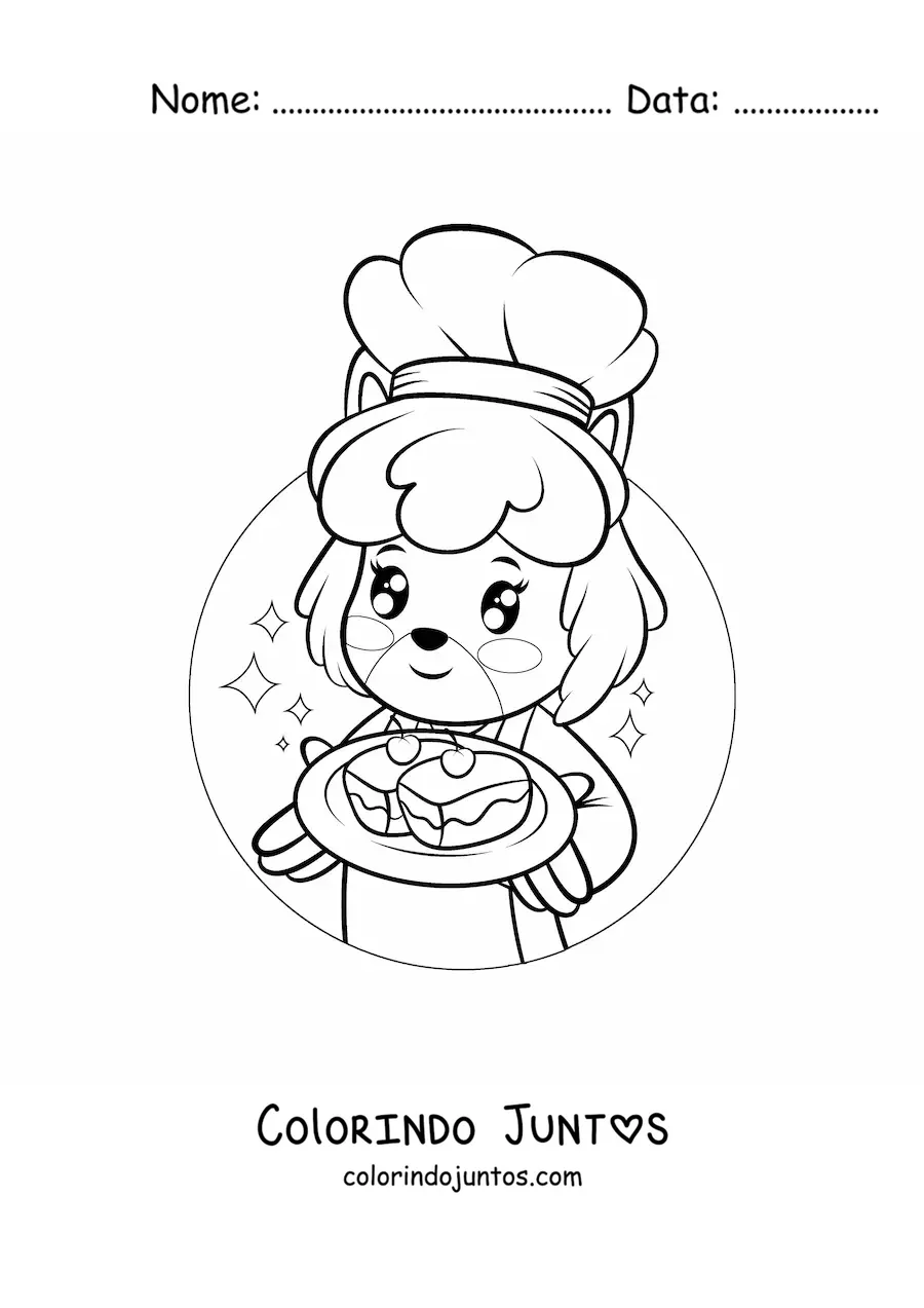 Desenho para colorir de cachorro confeiteiro animado kawaii com um doce