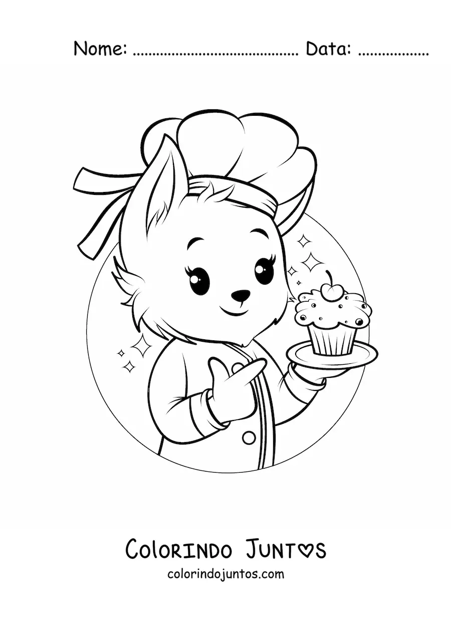 Desenho para colorir de cachorro confeiteiro animado kawaii com um cupcake