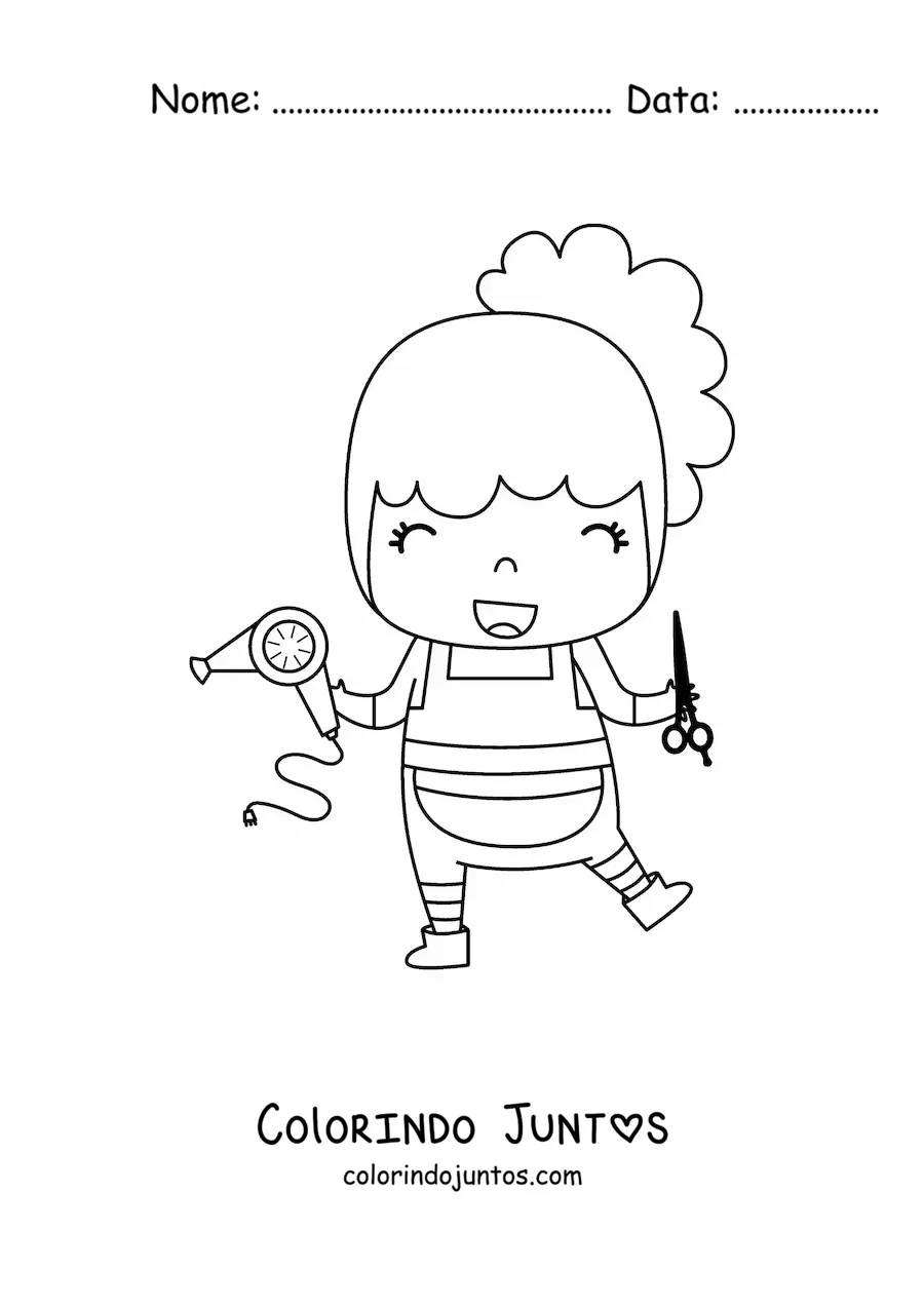 Desenho para colorir de cabeleireira estilista kawaii com um secador e uma tesoura