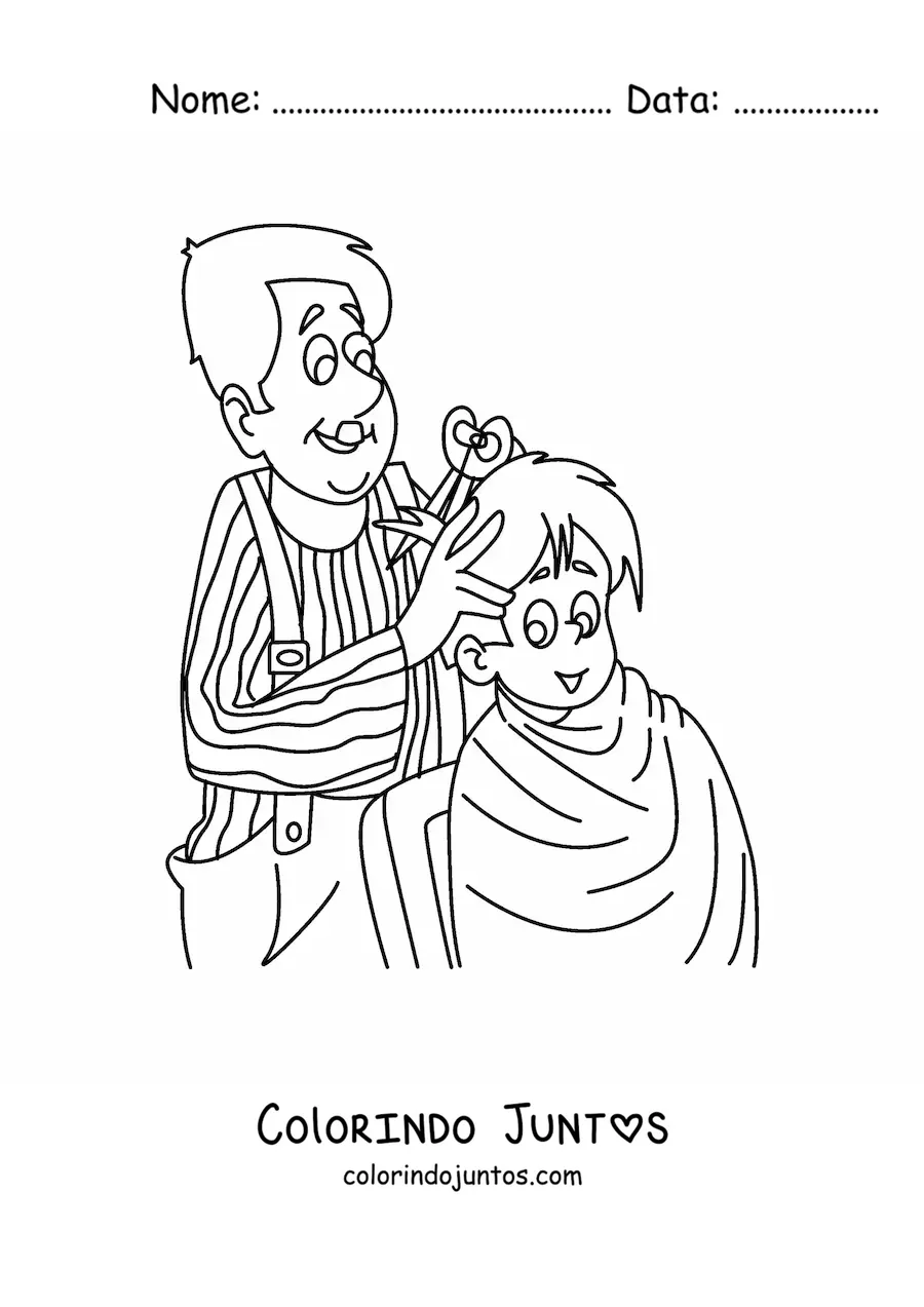 Desenho para colorir de barbeiro fazendo um corte de cabelo em um menino