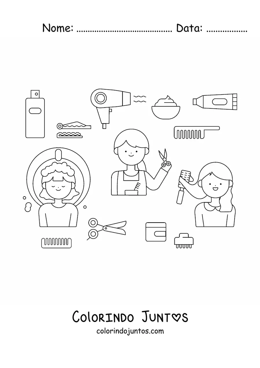 Desenho para colorir da profissao de cabeleireira e suas ferramentas