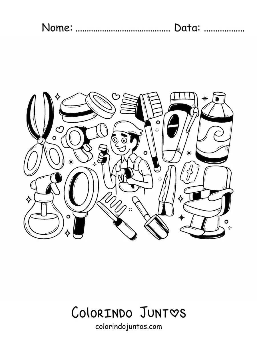 Desenho para colorir da profissao de barbeiro com sua cadeira e suas ferramentas