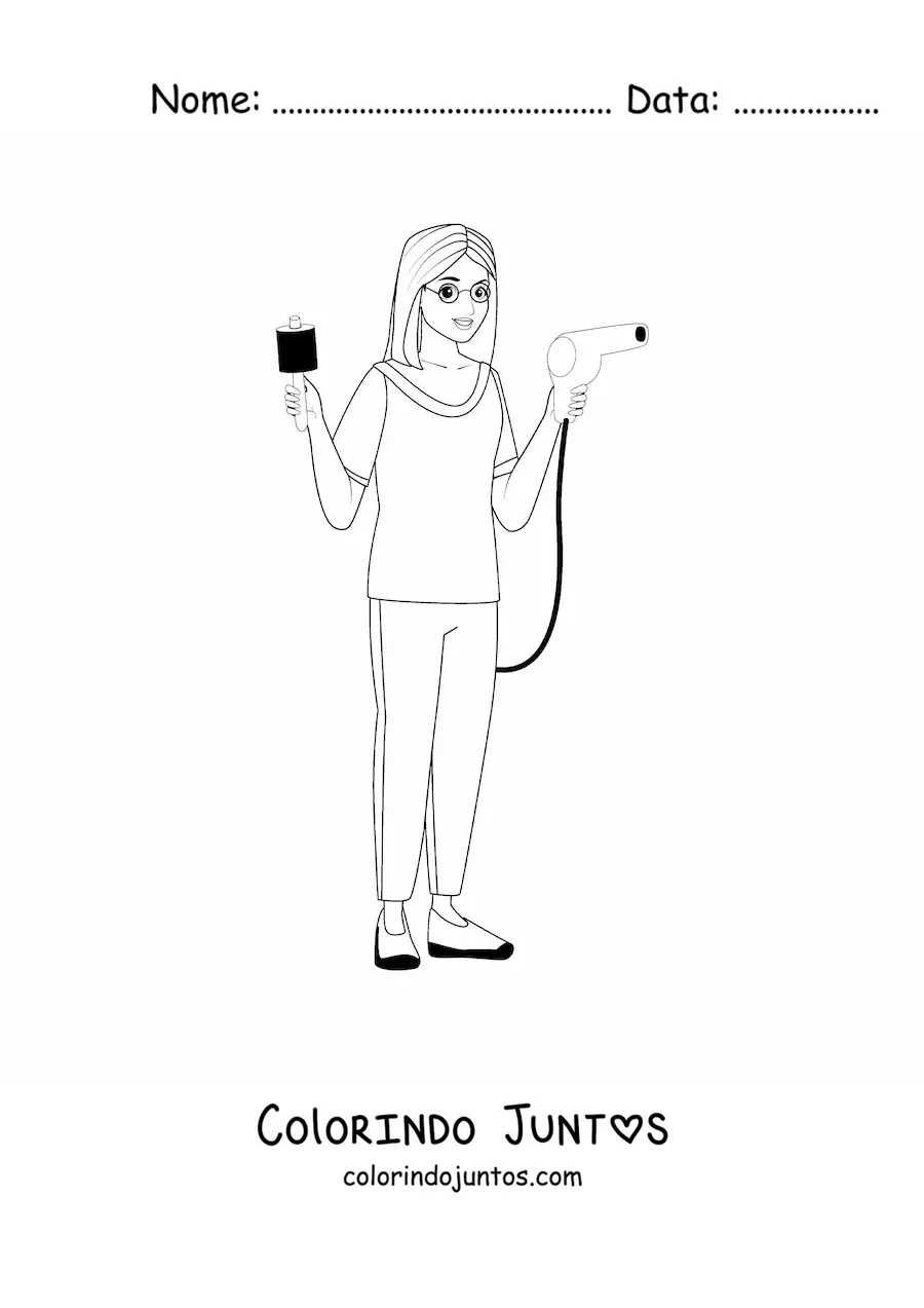 Desenho para colorir de cabeleireira com um pente e um secador