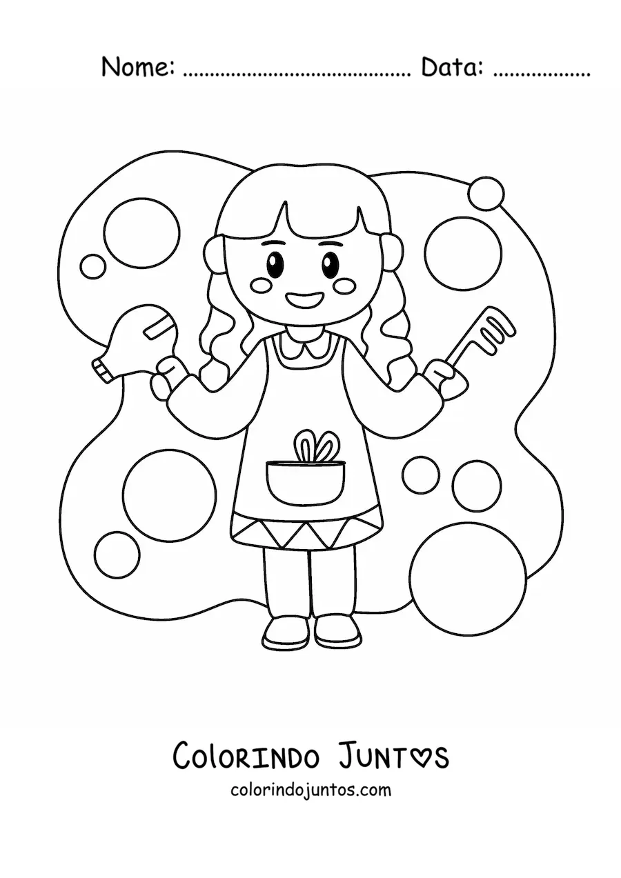 Desenho para colorir de cabeleireira animada com um pente e um secador