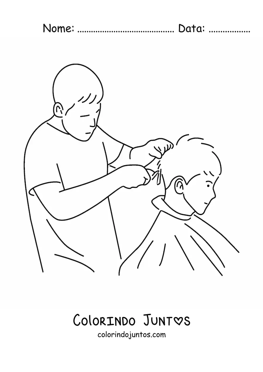 Desenho para colorir de barbeiro fazendo um corte de cabelo em um cliente