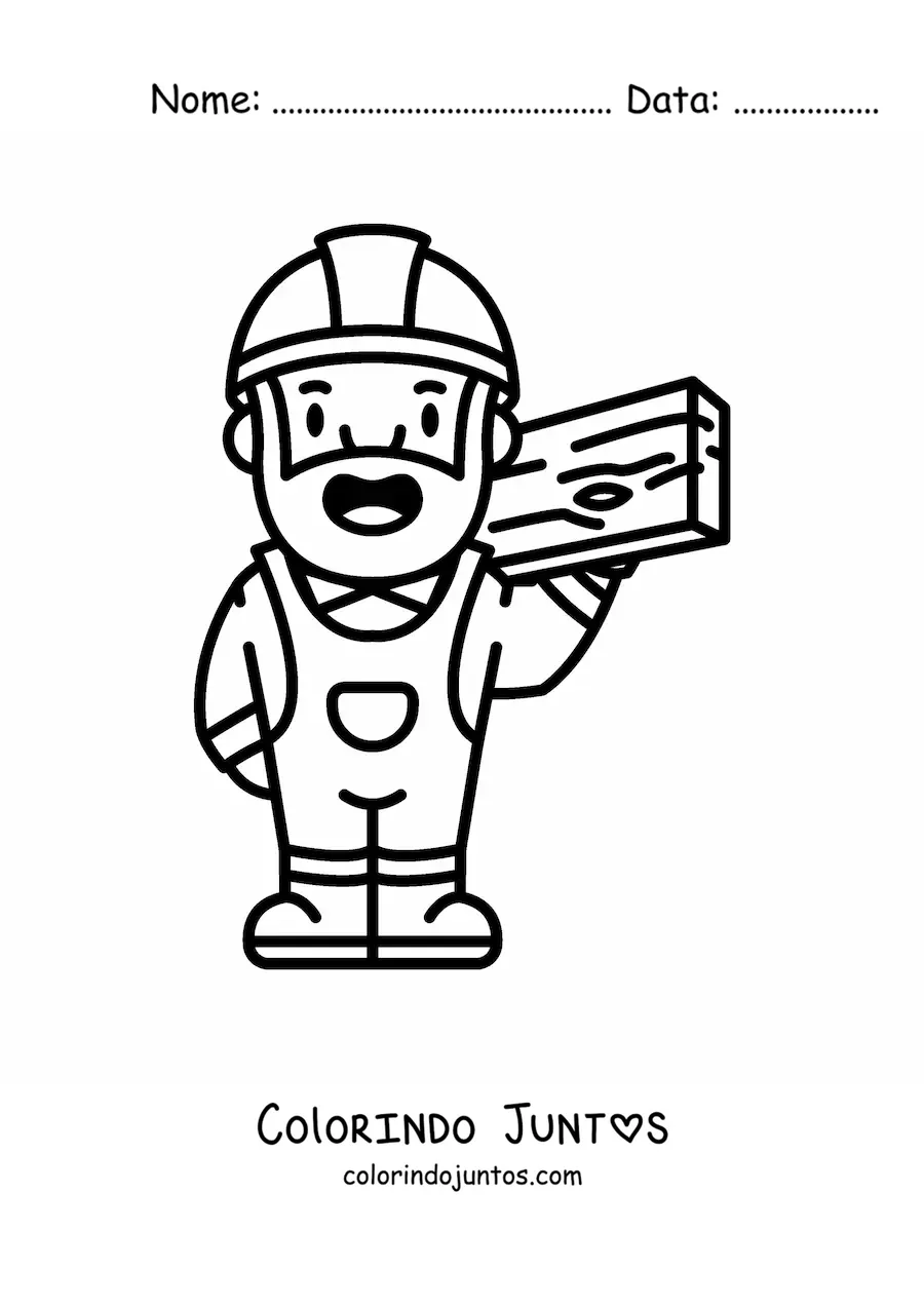 Desenho para colorir de carpinteiro kawaii com uma tabua de madeira