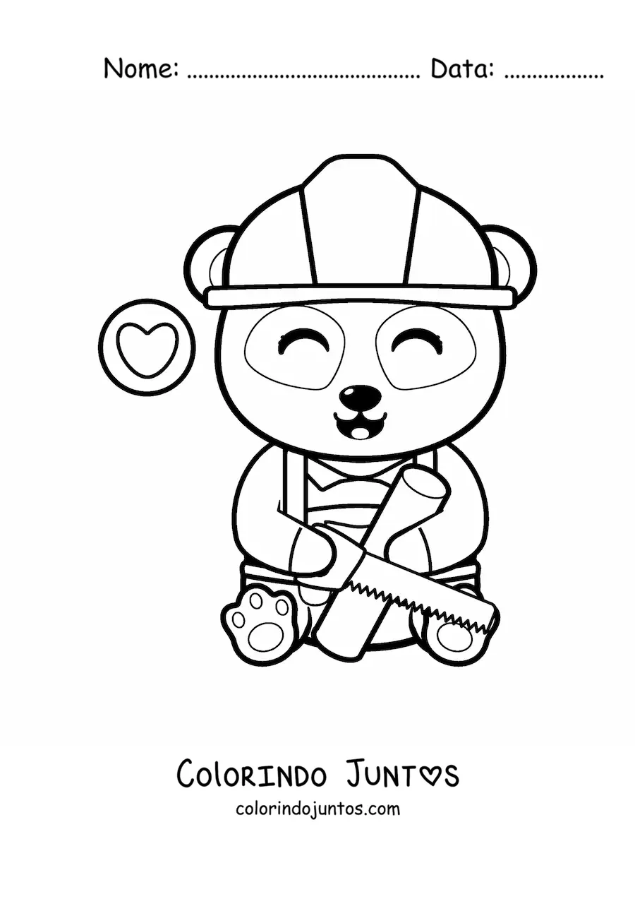 Desenho para colorir de panda carpinteiro kawaii cortando madeira