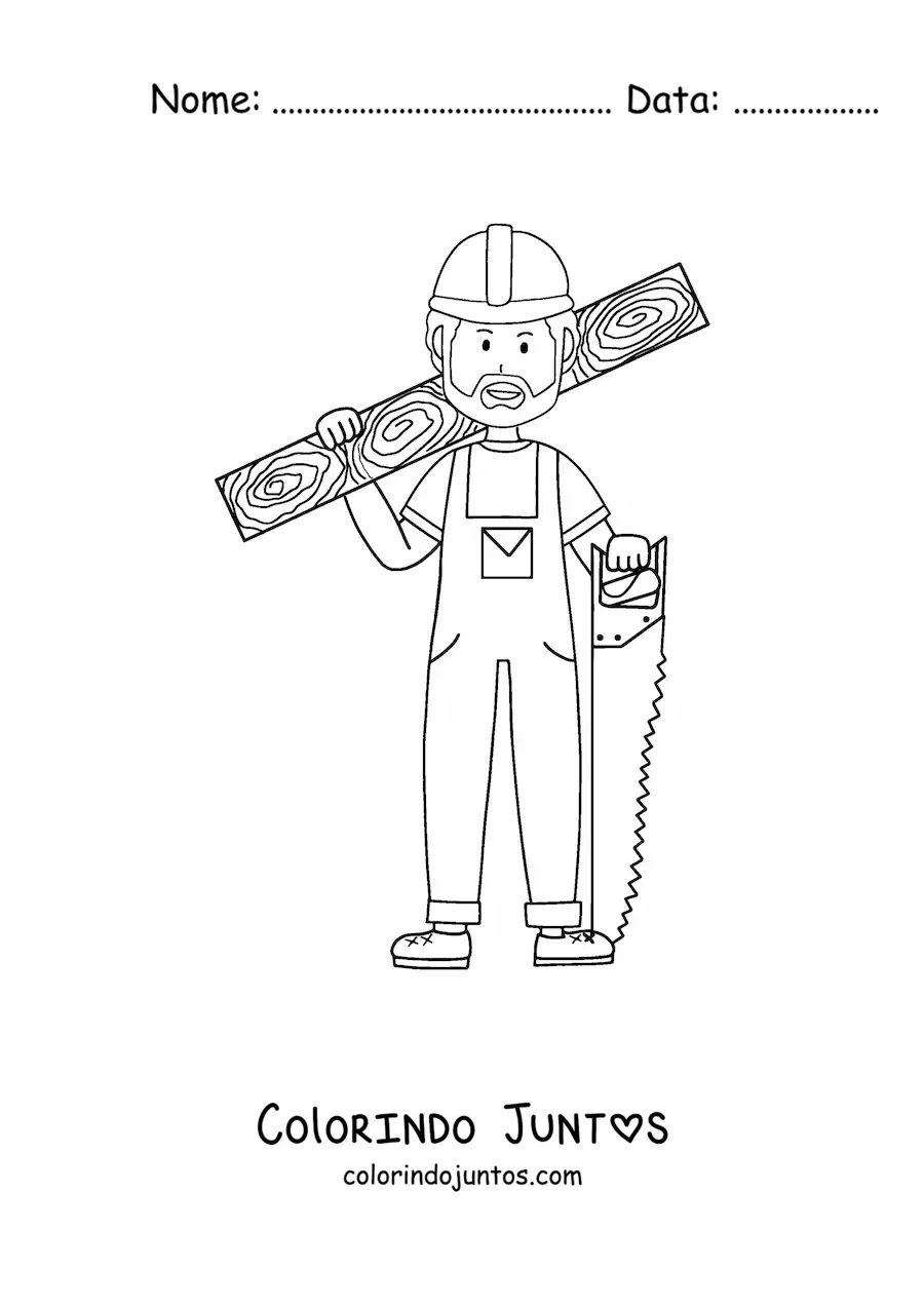 Desenho para colorir de homem com profissao de carpinteiro com uma tabua e um serrote