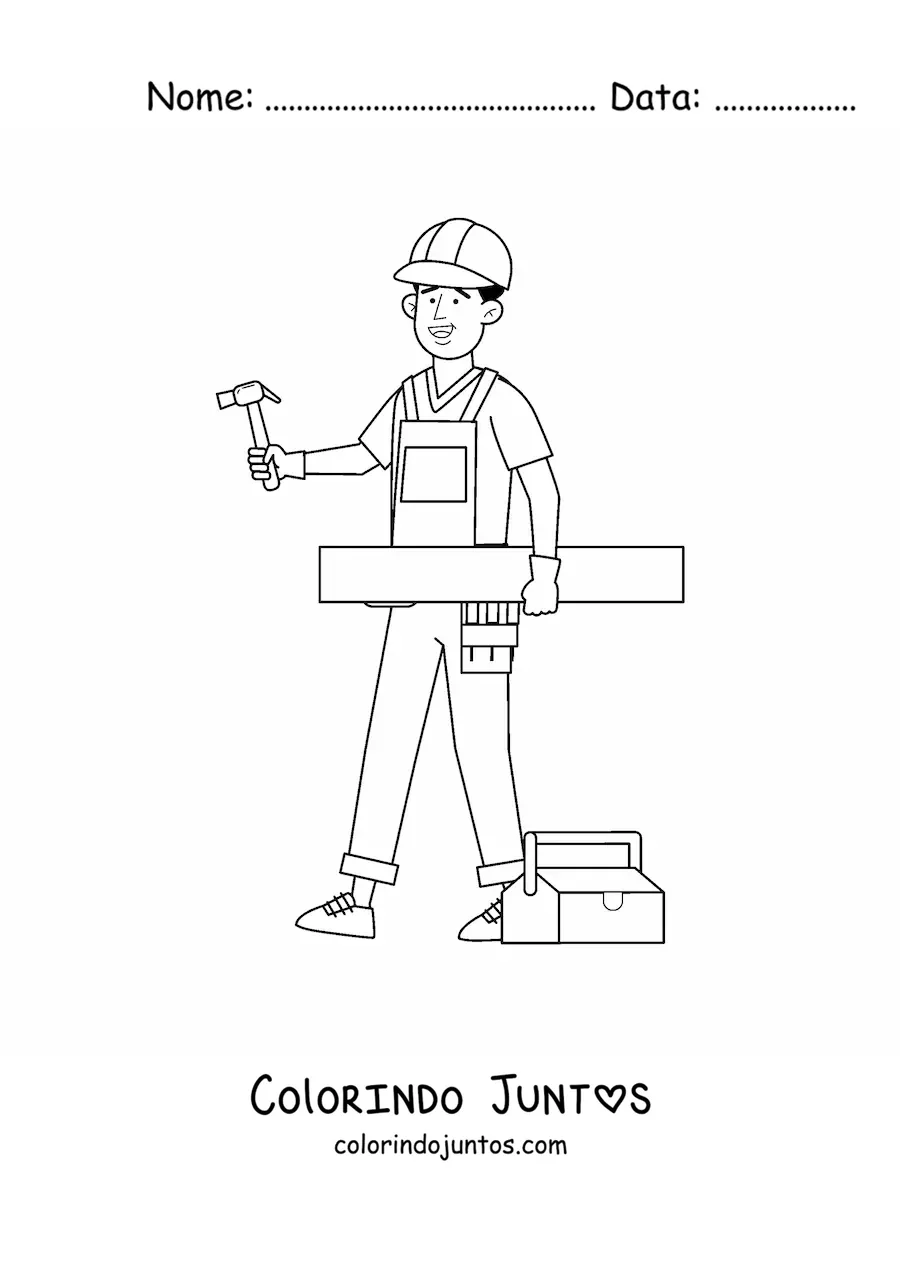 Desenho para colorir de homem com profissao de carpinteiro com suas ferramentas