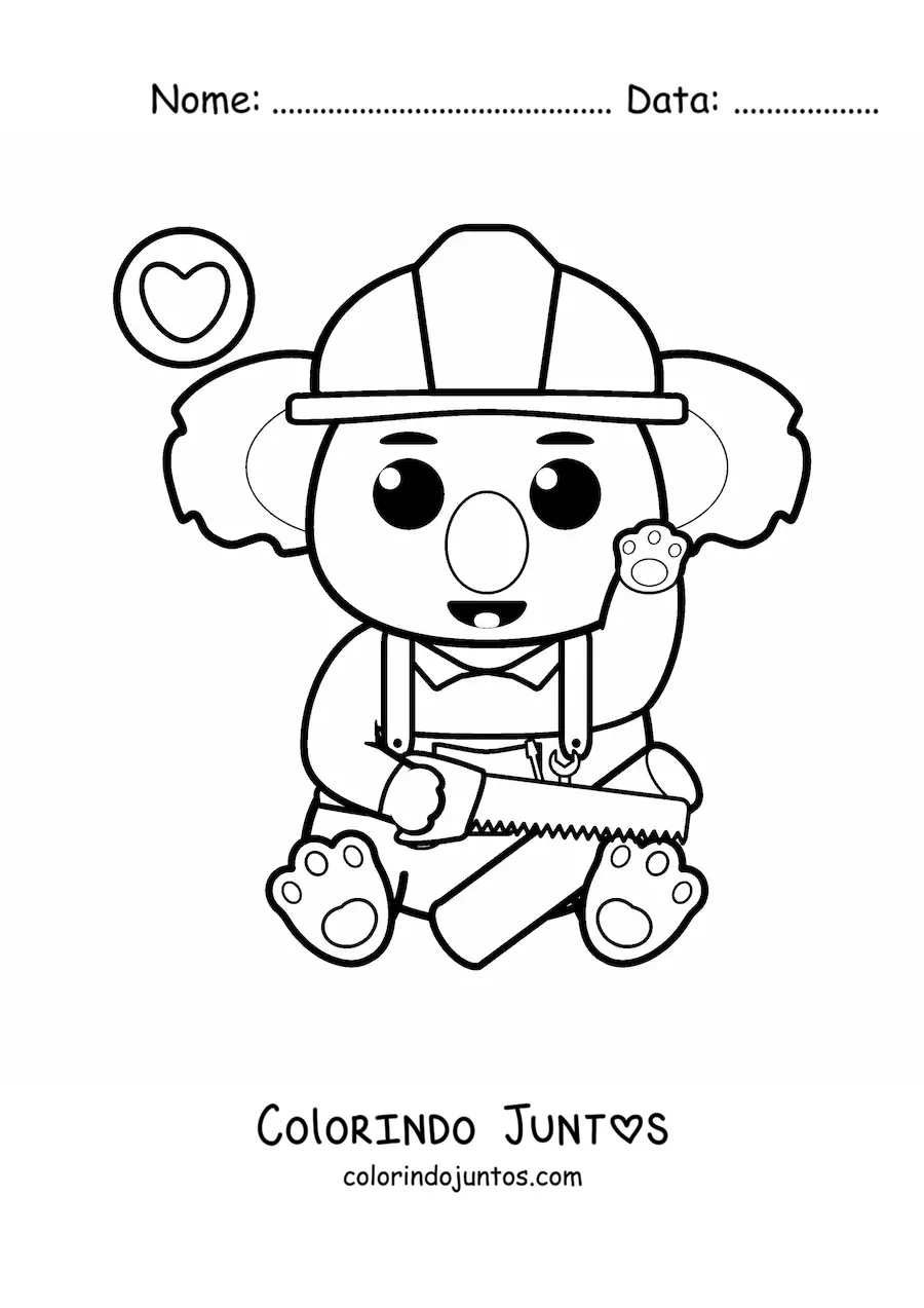 Desenho para colorir de coala carpinteiro kawaii cortando madeira