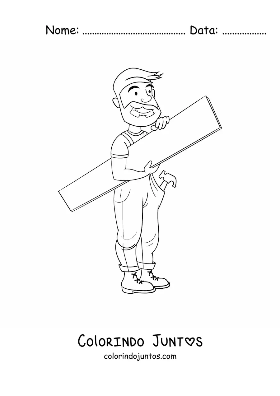 Desenho para colorir de homem com ocupacao de carpinteiro com uma tabua e um martelo