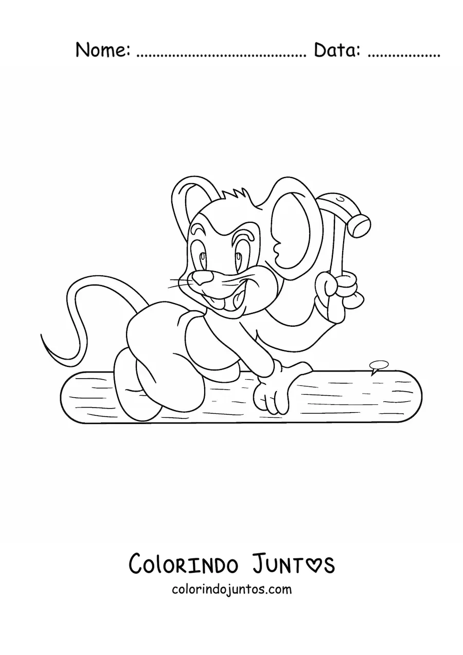 Desenho para colorir de rato carpinteiro animado pregando um prego