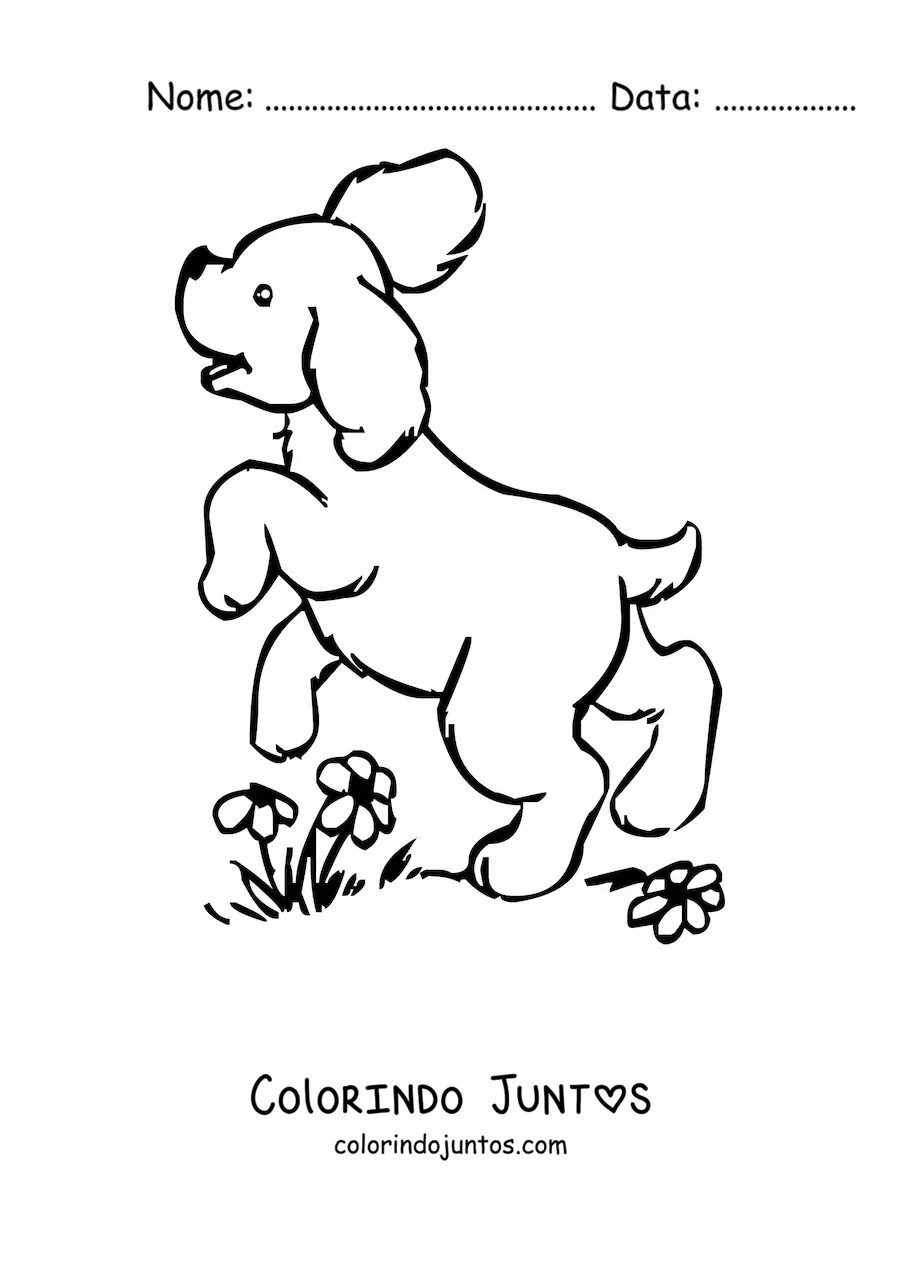 Desenho para colorir de um filhote animado pulando em um jardim com flores
