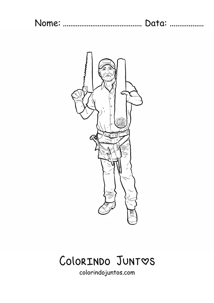 Desenho para colorir de carpinteiro realista com suas ferramentas