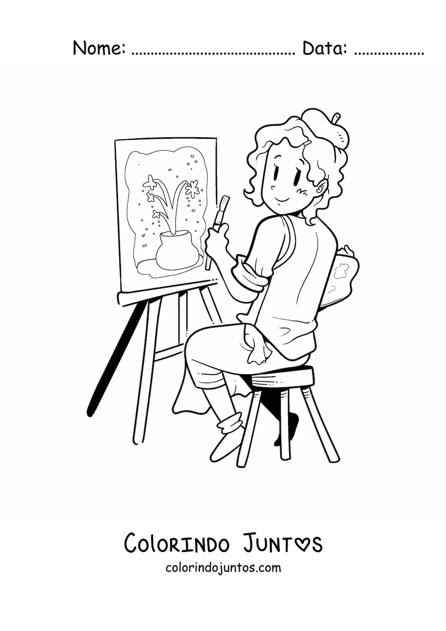 Desenho para colorir de pintora artistica criando uma obra