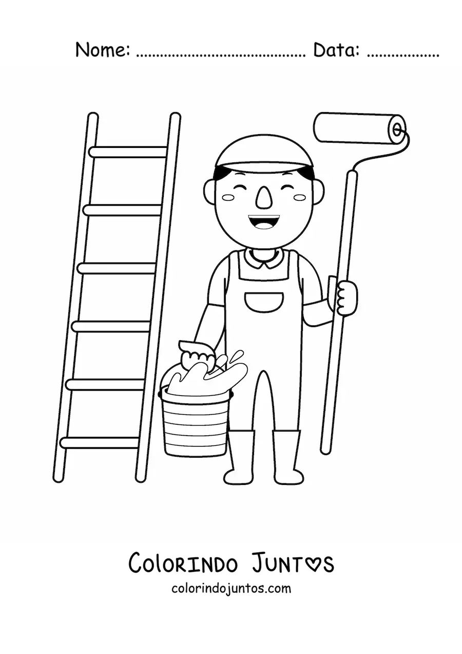 Desenho para colorir de homem com profissao de pintor com um rolo e uma escada