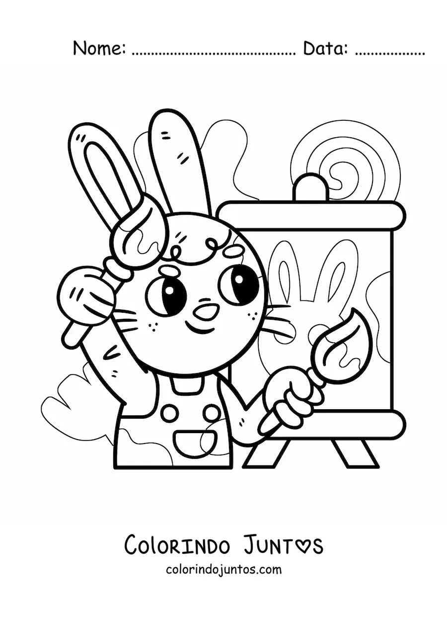 Desenho para colorir de coelho pintor kawaii animado pintando um quadro