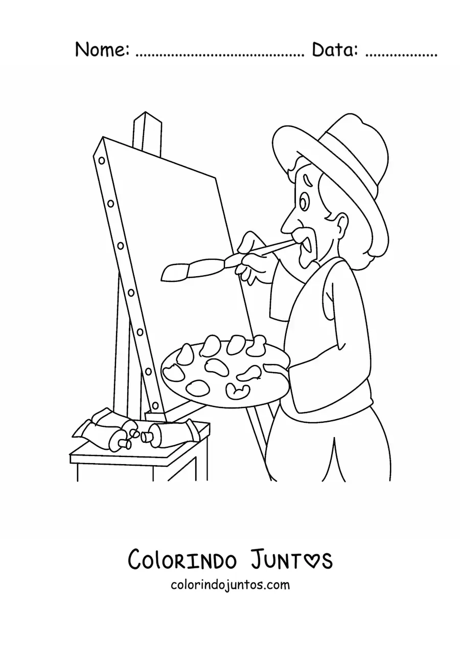 Desenho para colorir de van gogh animado pintando um quadro