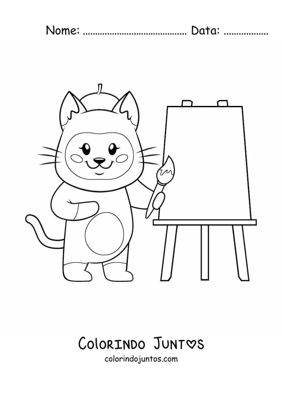 Desenho para colorir de gato pintor kawaii animado pintando um quadro
