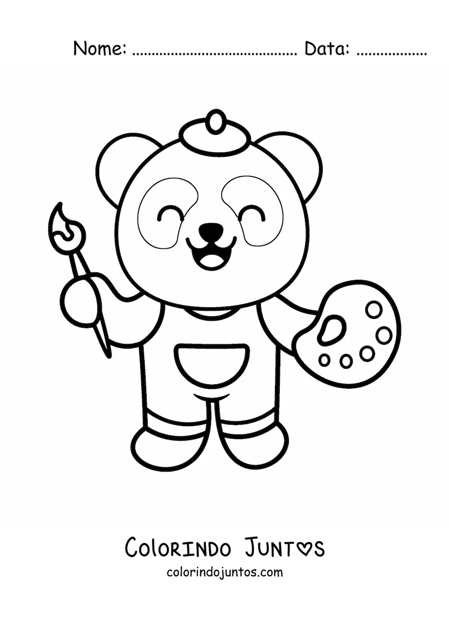 Desenho para colorir de panda pintor kawaii facil com uma paleta e um pincel