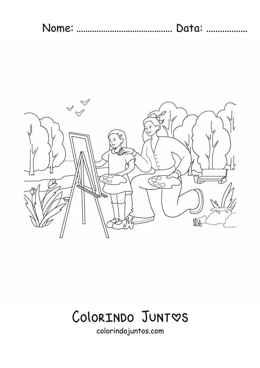 Desenho para colorir de menina e sua mae pintando um quadro em um parque