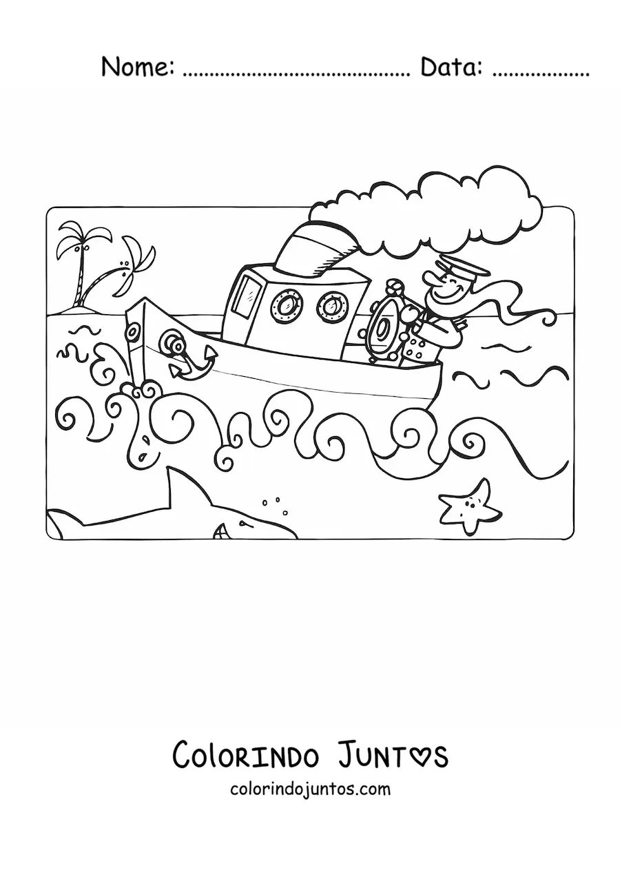 Desenho para colorir de um marinheiro em um barco no mar com um tubarão e uma estrela-do-mar
