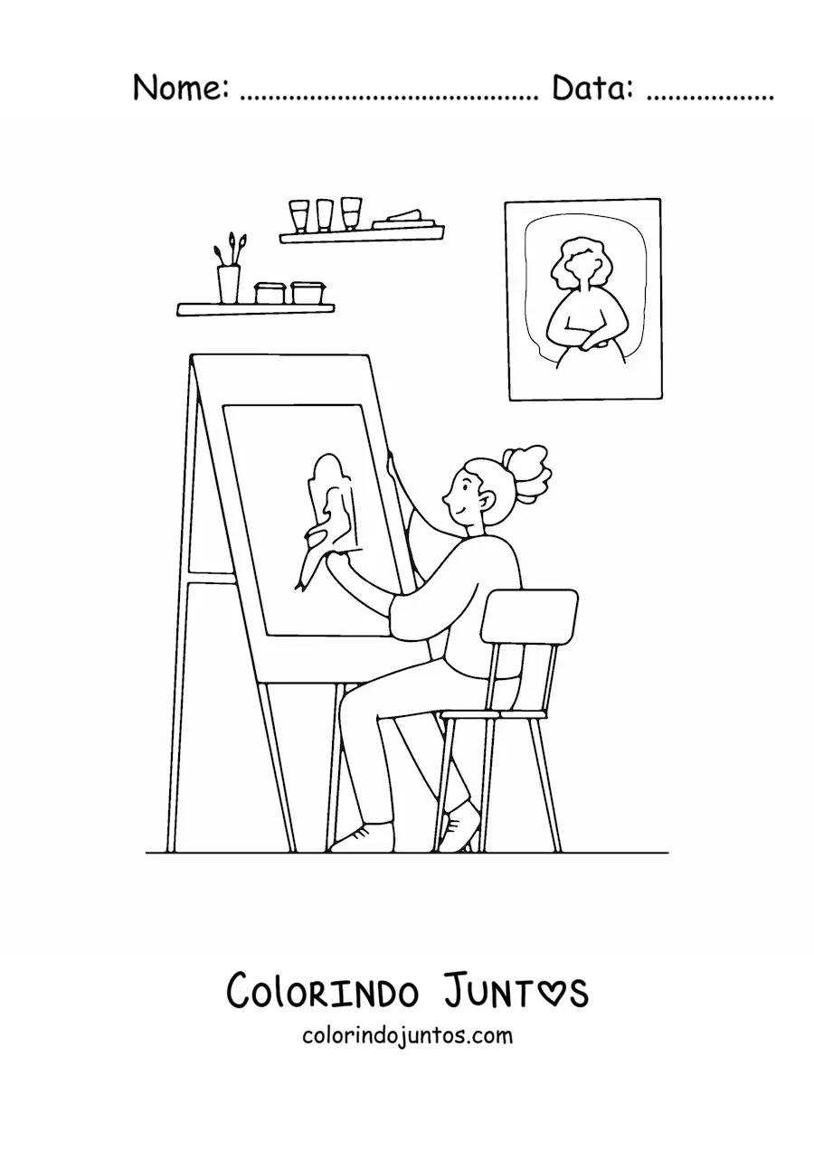 Desenho para colorir de garota artista pintando um quadro em casa