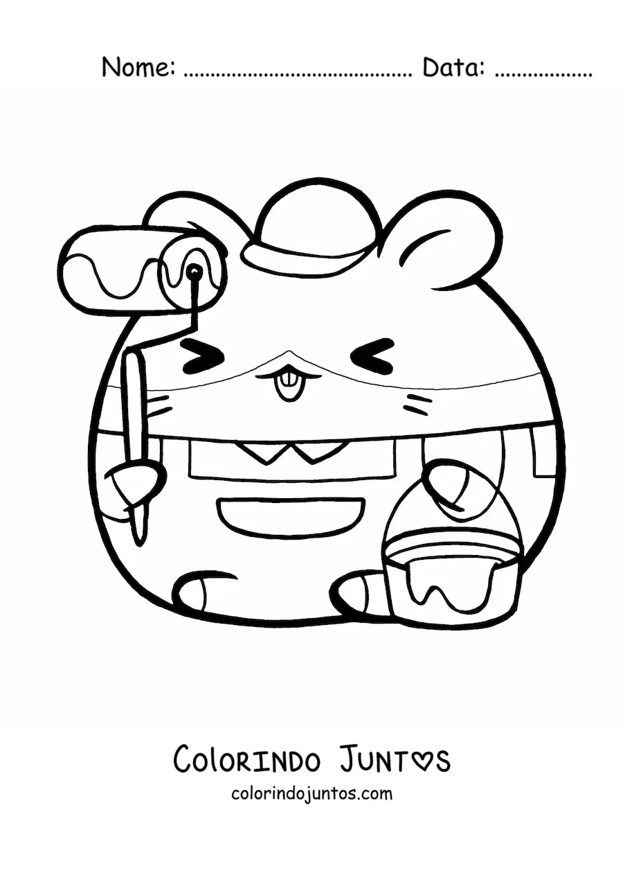 Desenho para colorir de hamster kawaii animado com profissao de pintor com um rolo