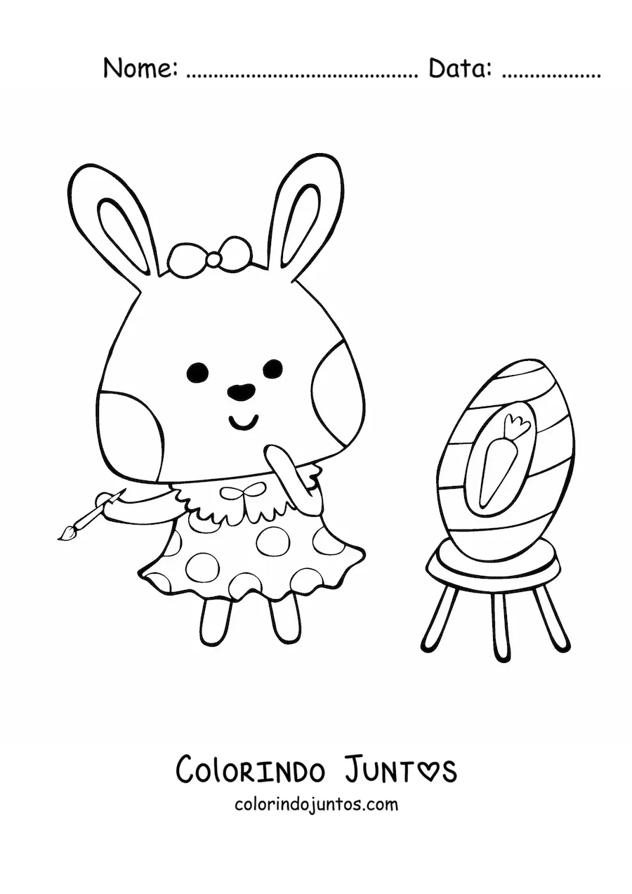 Desenho para colorir de coelho pintor kawaii animado pintando um ovo de pascoa