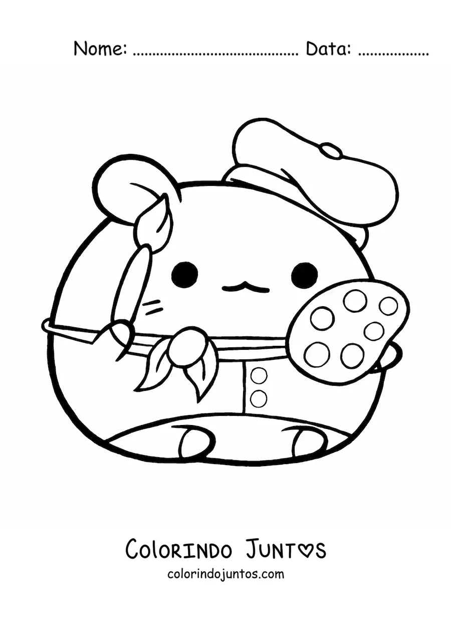 Desenho para colorir de hamster pintor kawaii animado com uma paleta e um pincel